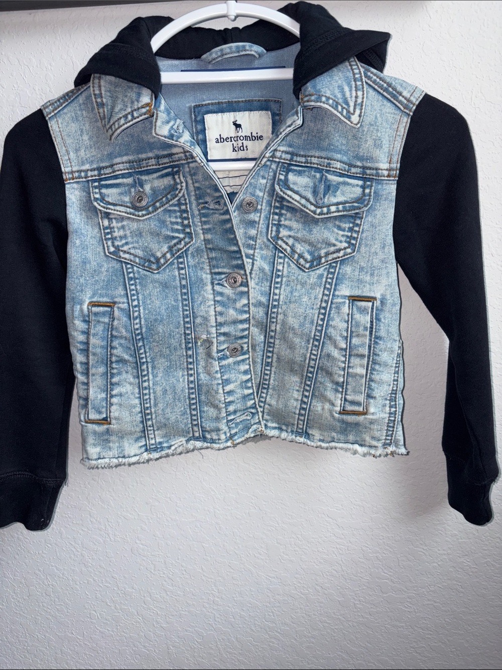 abercrombie kids Blue Denim Jacket with Black Hoodie Sleeves